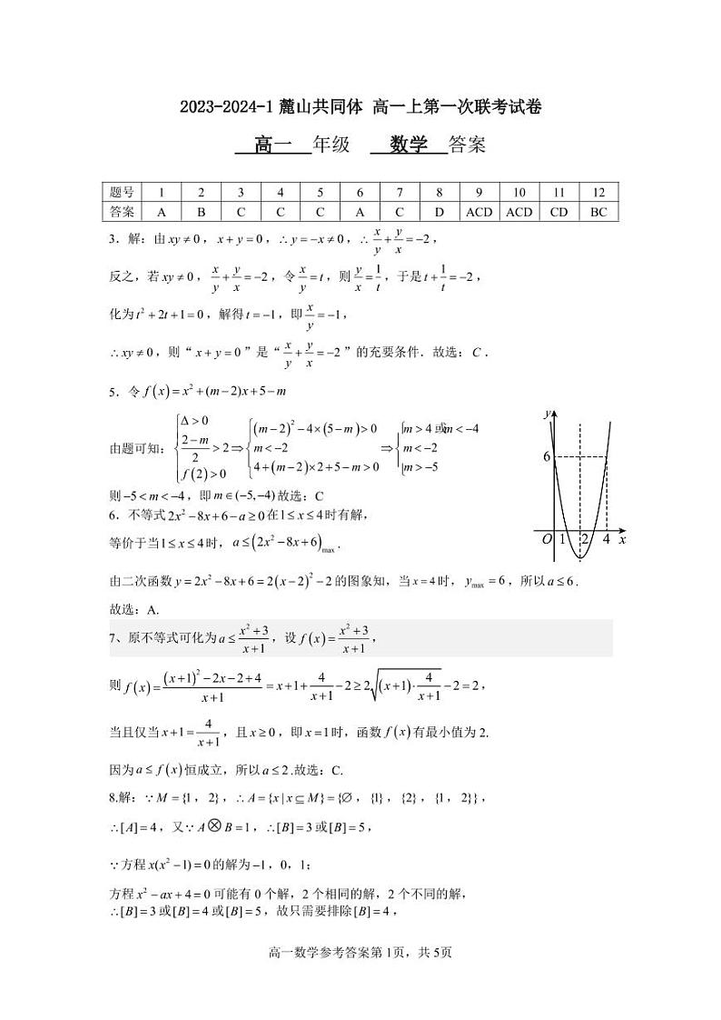 2023-2024-1麓山共同体高一上第一次联考数学参考答案第1页