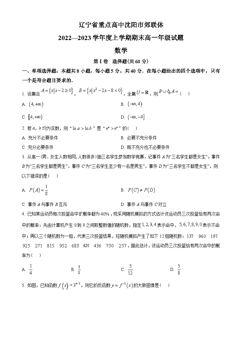 辽宁省重点高中沈阳市郊联体2022-2023学年高一上学期期末考试数学试题及答案01