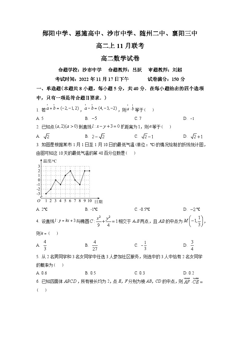 湖北省五校（郧阳中学、恩施高中、沙市中学、随州二中、襄阳三中）2022-2023学年高二上学期11月期中联考数学试题及答案01