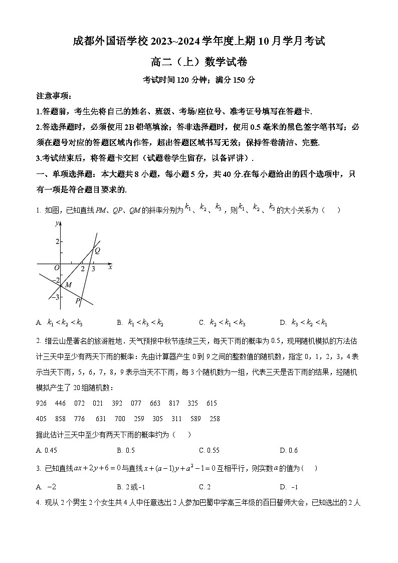 2024成都外国语学校高二上学期10月月考数学试题含解析01