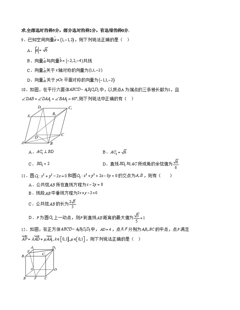 （人教A版2019）2023-2024学年高二数学上学期 选修一 第一次月考B卷03