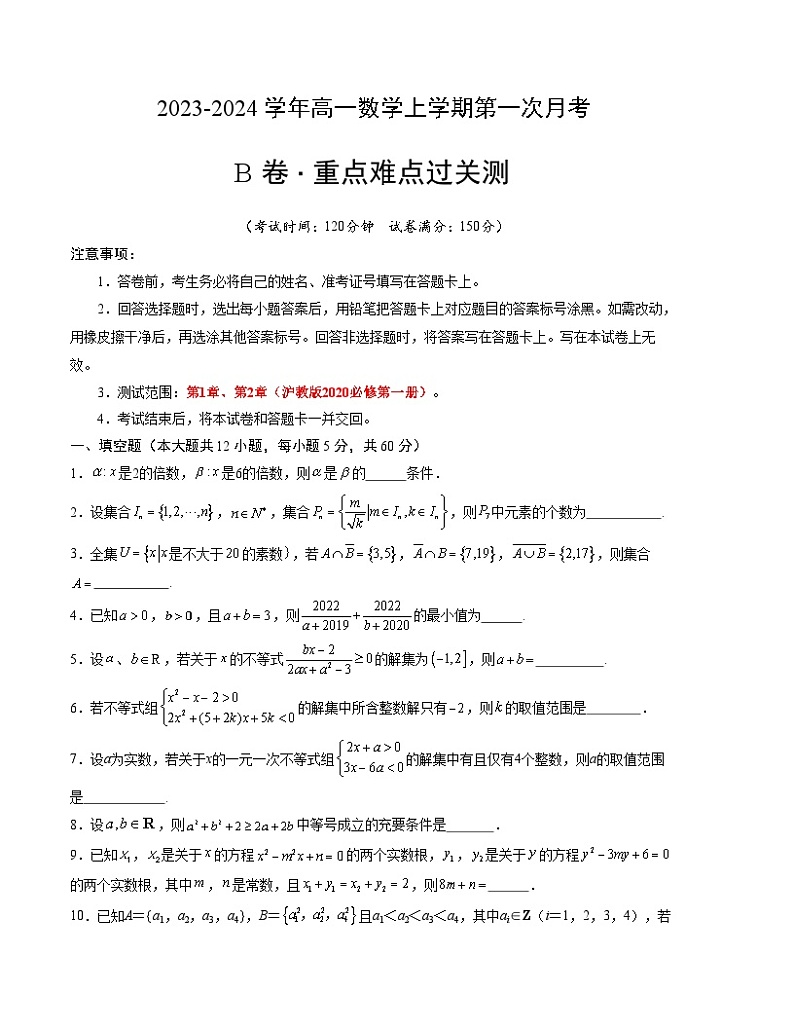 （沪教版2020）2023-2024学年高一数学上学期 必修1 第一次月考B卷01