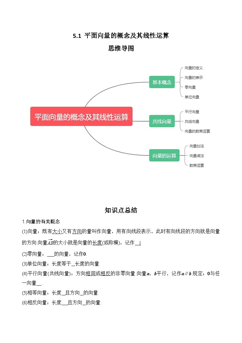 2024年高考数学第一轮复习专题5.1 平面向量的概念及其线性运算（原卷版）第1页