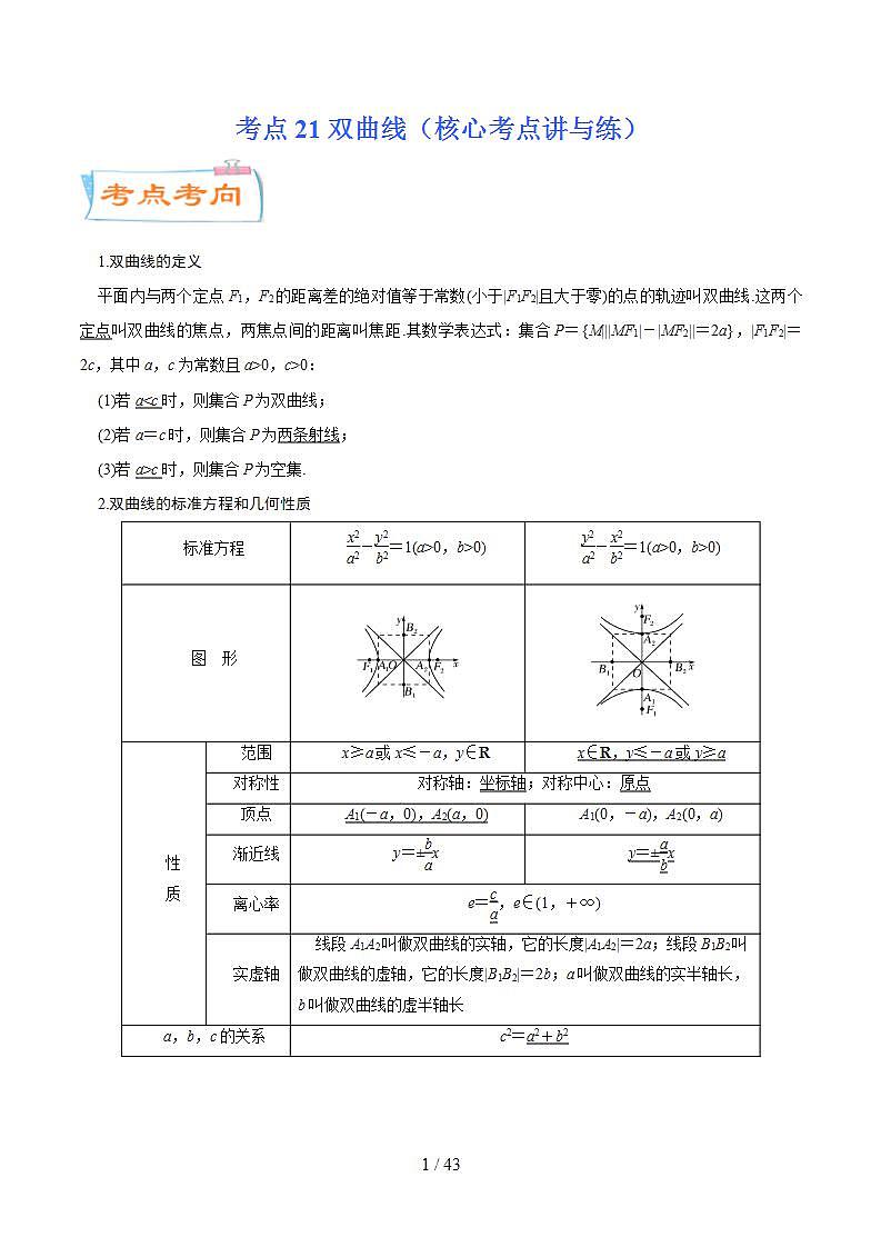 考点21双曲线（核心考点讲与练）-2023年高考数学一轮复习核心考点讲与练（新高考专用）(解析版）第1页