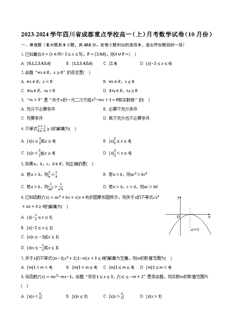 2023-2024学年四川省成都重点学校高一（上）月考数学试卷（10月份）（含解析）第1页