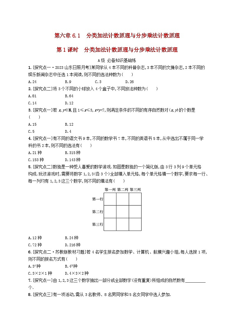 新教材2023_2024学年高中数学第6章计数原理6.1分类加法计数原理与分步乘法计数原理第1课时分类加法计数原理与分步乘法计数原理分层作业新人教A版选择性必修第三册01