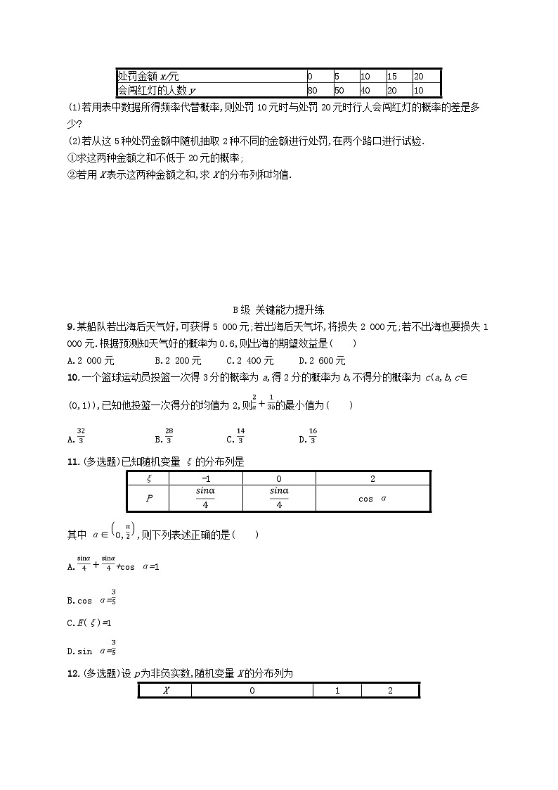 新教材2023_2024学年高中数学第7章随机变量及其分布7.3离散型随机变量的数字特征7.3.1离散型随机变量的均值分层作业新人教A版选择性必修第三册02