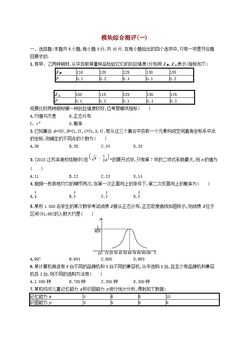 新教材2023_2024学年高中数学模块综合测评1新人教A版选择性必修第三册第1页