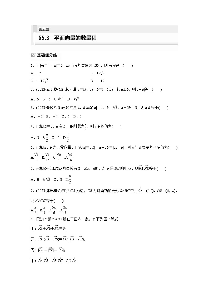 2024年数学高考大一轮复习第五章 §5.3　平面向量的数量积（附答单独案解析） 试卷01