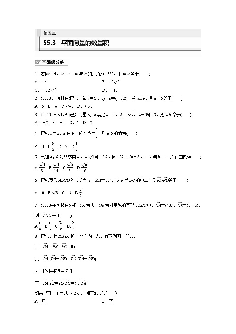 2024年数学高考大一轮复习第五章 §5.3　平面向量的数量积 试卷01