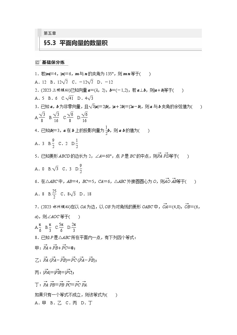2024年高考数学第一轮复习专题训练81练第五章　§5.3　平面向量的数量积第1页