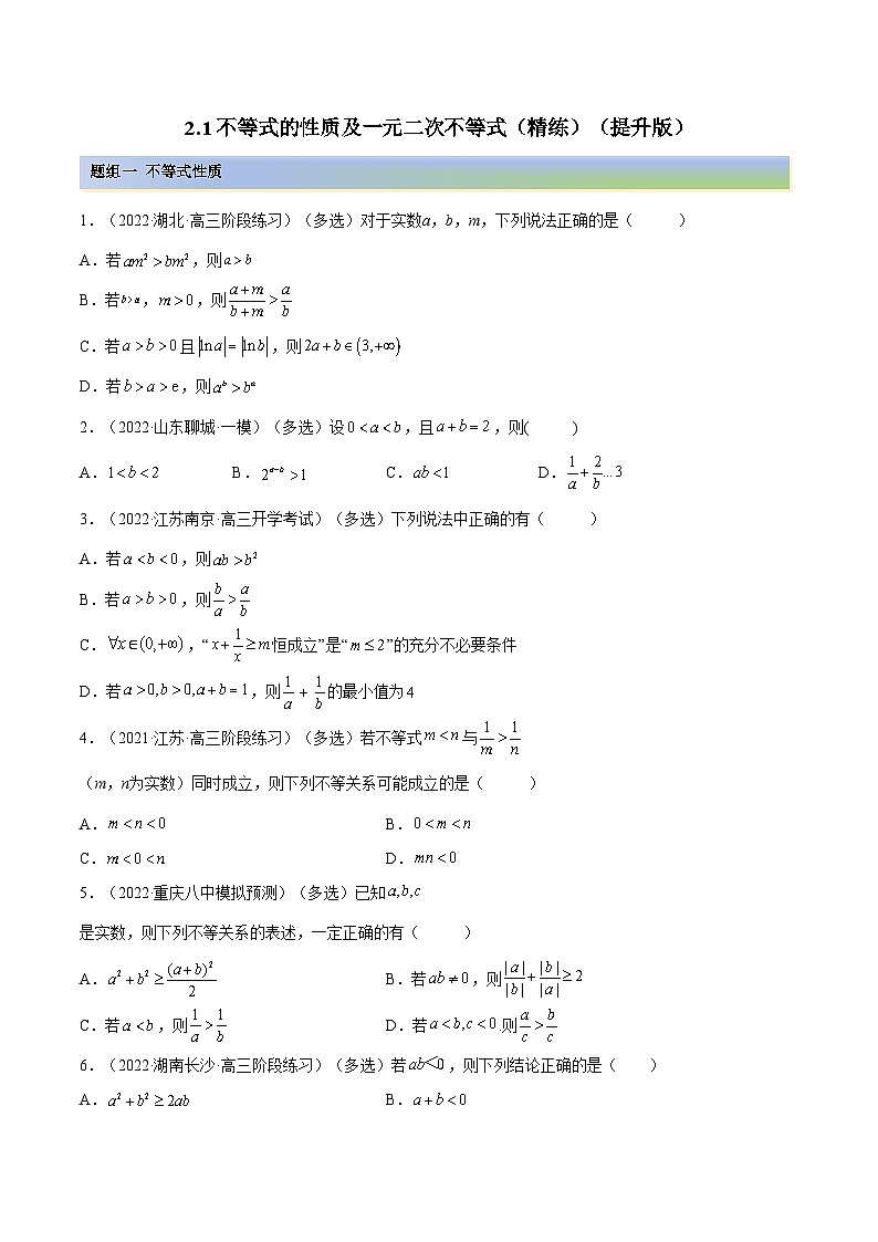 备战高考2024年数学第一轮专题复习2.1 不等式的性质及一元二次不等式（精练）（提升版）（原卷版）01