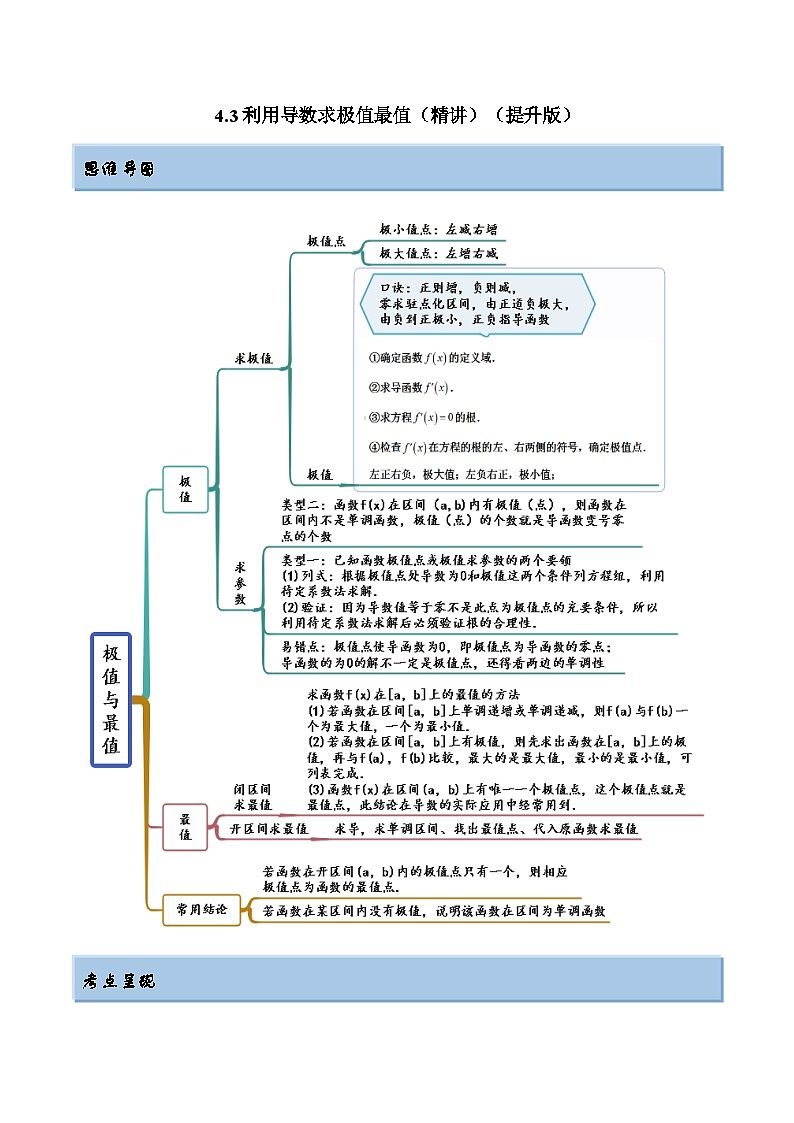 备战高考2024年数学第一轮专题复习4.3 利用导数求极值最值（精讲）（提升版）（原卷版）第1页