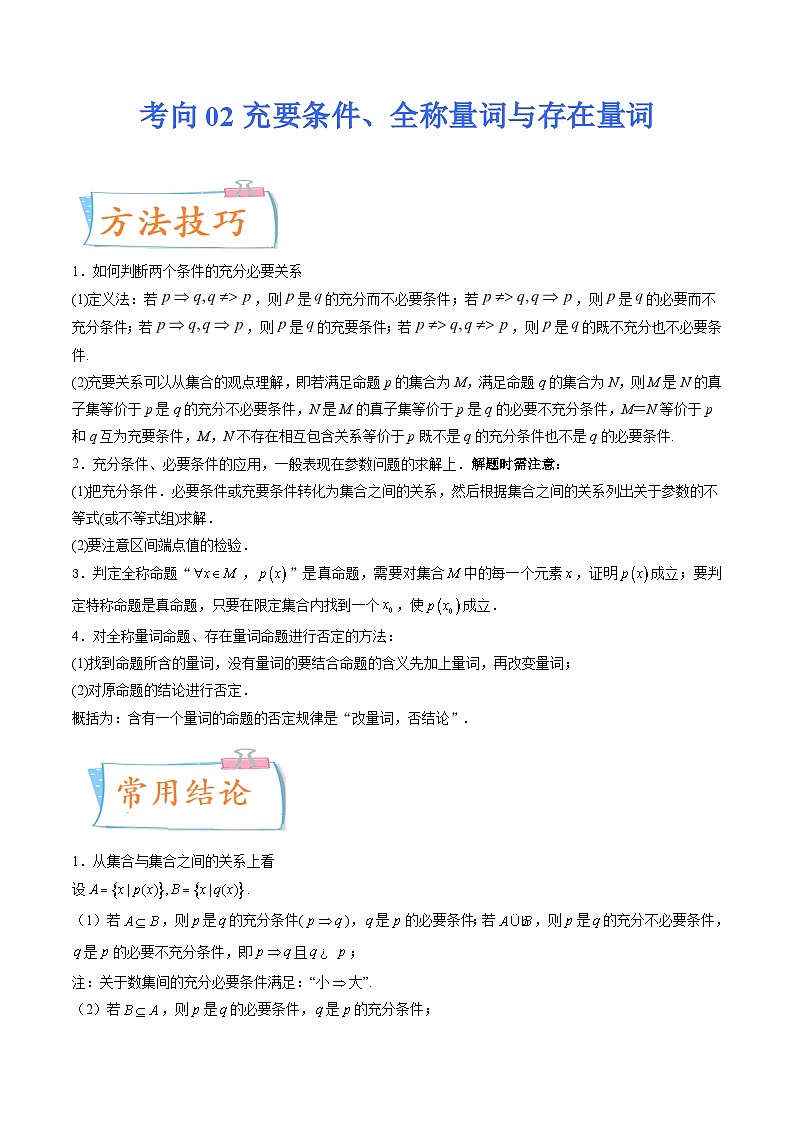 2024年高考数学第一轮复习四十三讲02 充要条件、全称量词与存在量词（原卷附答案）第1页