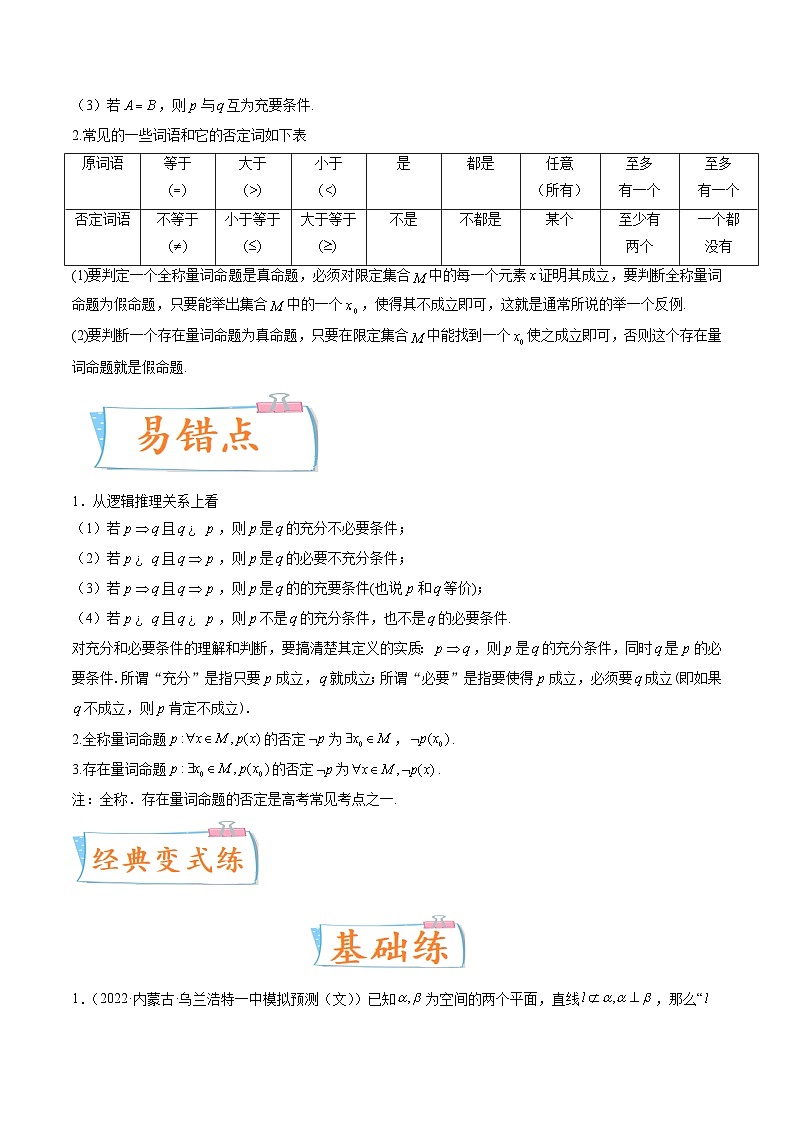 2024年高考数学第一轮复习四十三讲02 充要条件、全称量词与存在量词（原卷附答案）第2页