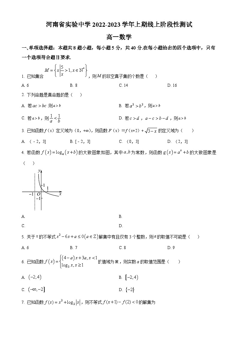 【期中真题】河南省实验中学2022-2023学年高一上学期期中数学试题（原卷版）第1页