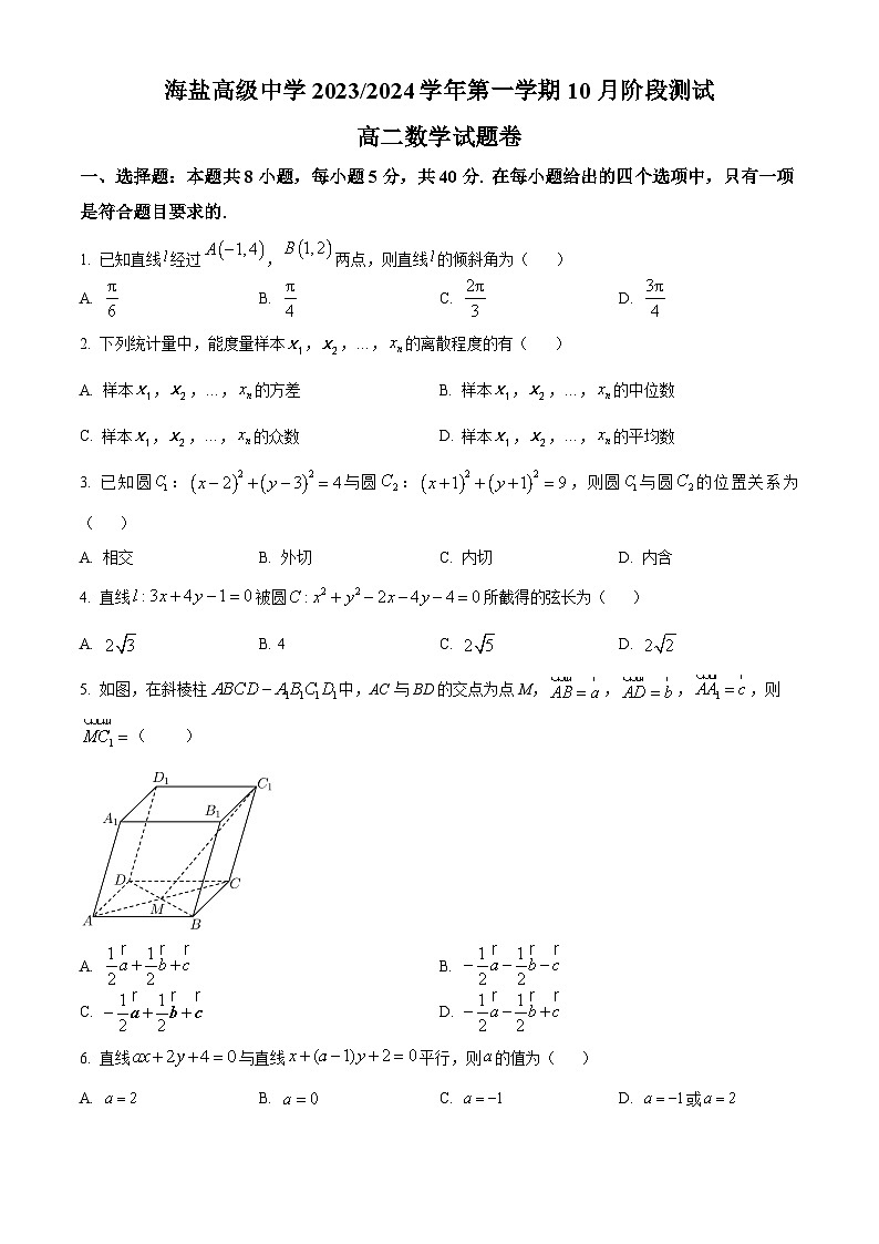 浙江省嘉兴市海盐高级中学2023-2024学年高二上学期10月阶段测数学试题无答案第1页