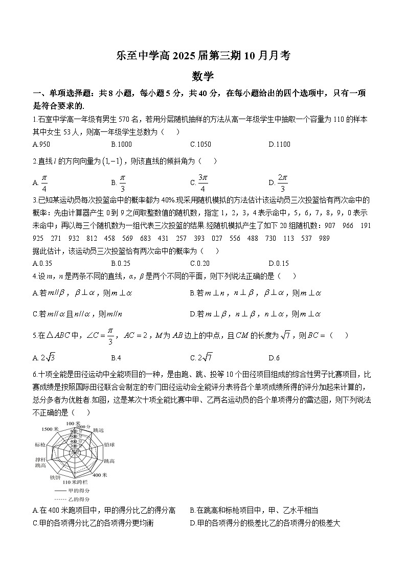 四川省资阳市乐至县乐至中学2023-2024学年高二上学期10月月考数学试题第1页