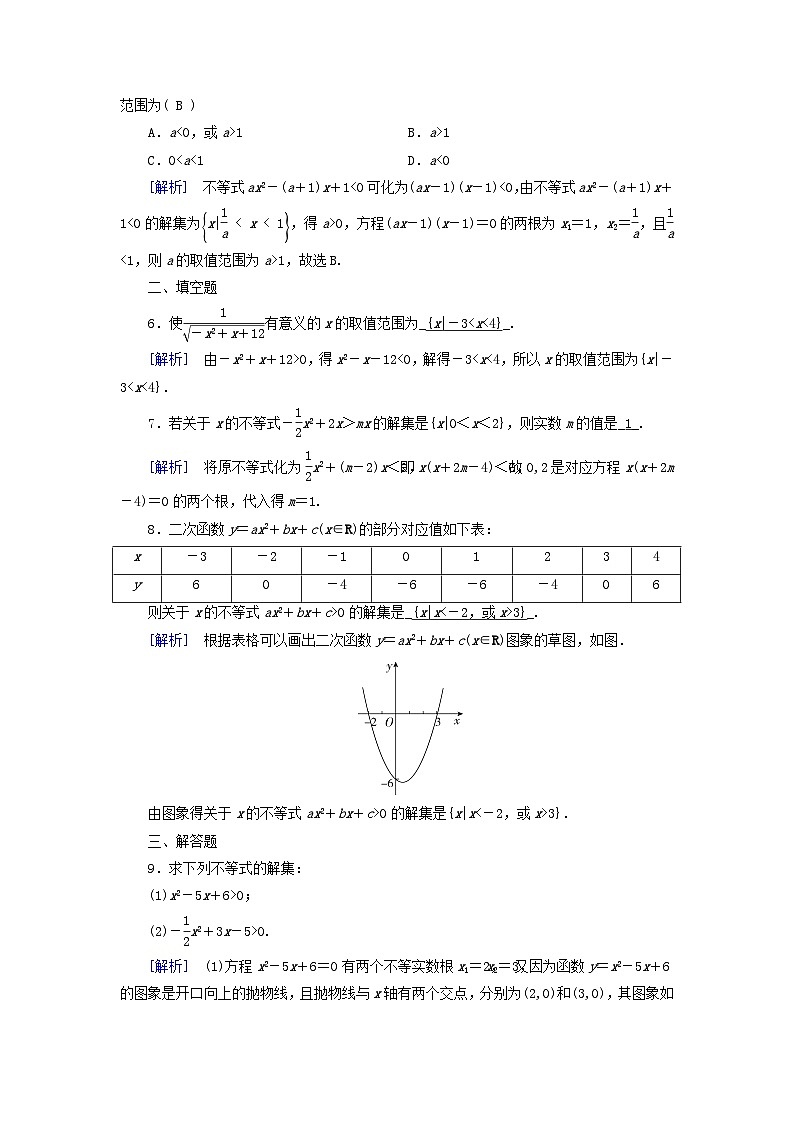 新教材适用2023_2024学年高中数学第2章一元二次函数方程和不等式2.3二次函数与一元二次方程不等式第1课时二次函数与一元二次方程不等式素养作业新人教A版必修第一册第2页