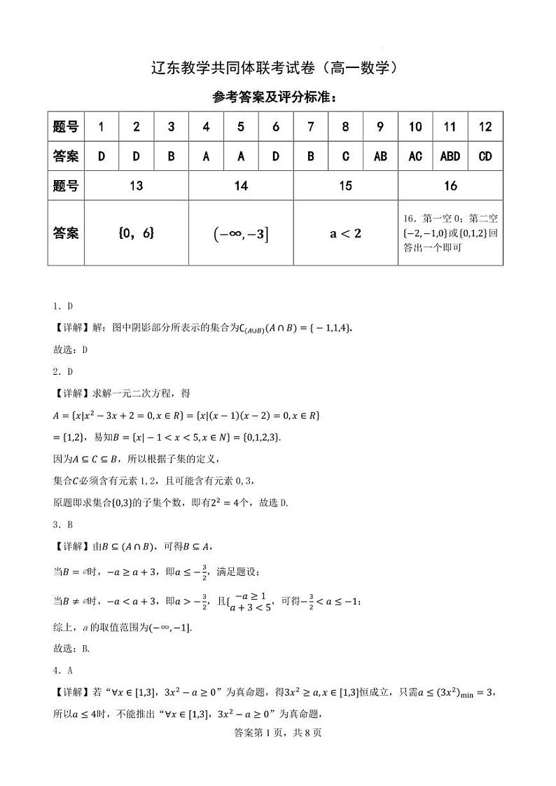 辽东教学共同体2023年高一上学期10月联考数学答案第1页