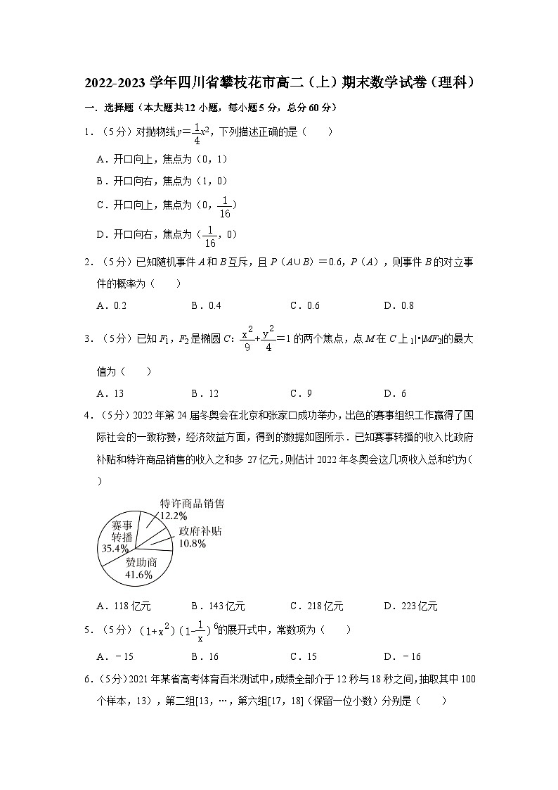 2022-2023学年四川省攀枝花市高二（上）期末数学试卷（理科）01