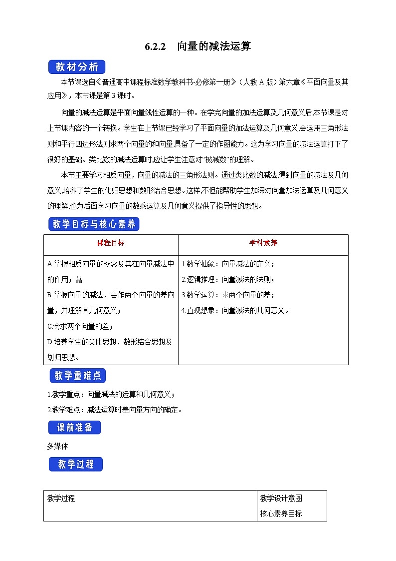 高中数学必修第二册《6.2 平面向量的运算》教学设计-统编人教A版第1页