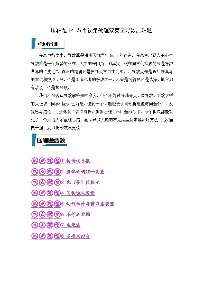 压轴题型14 八个视角处理双变量导数压轴题-2024年高考数学二轮冲刺之压轴题专项训练（新高考专用）01