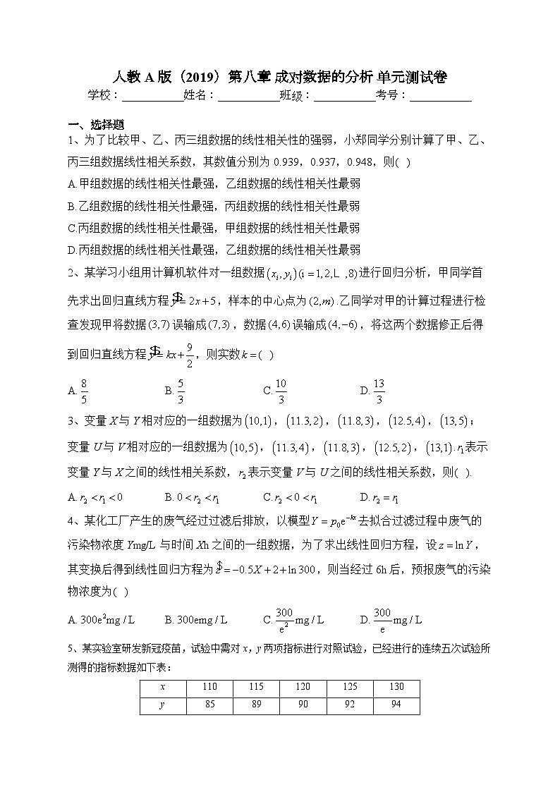 人教A版（2019）第八章 成对数据的分析 单元测试卷(含答案)第1页