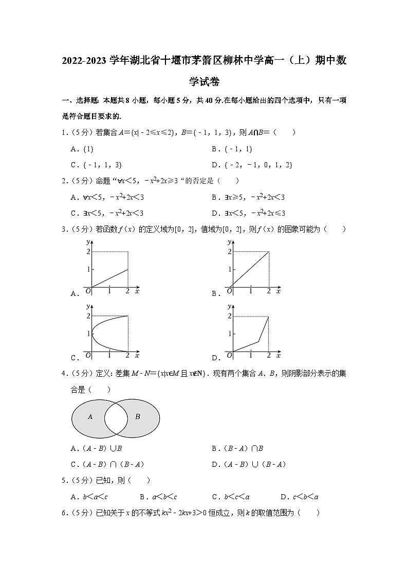2022-2023学年湖北省十堰市茅箭区柳林中学高一（上）期中数学试卷01