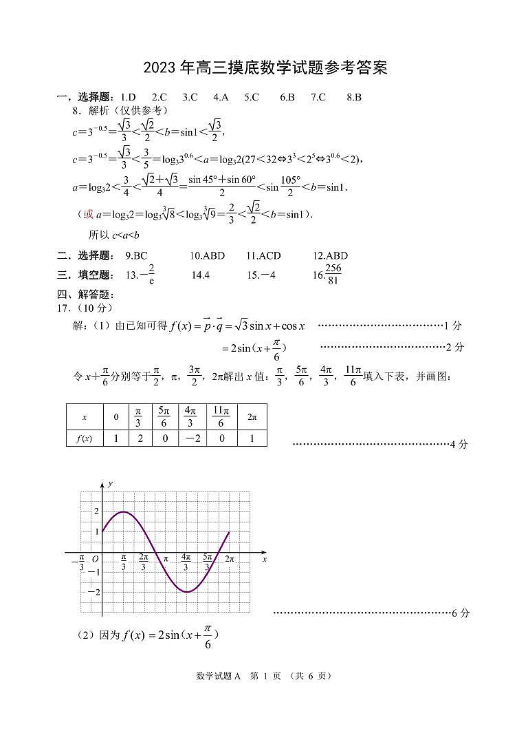 河北省保定市2023-2024学年高三上学期10月摸底考试（期中）数学答案第1页