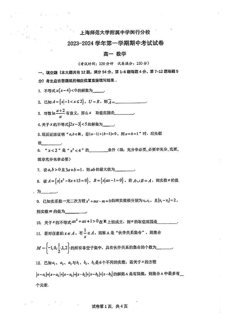 上海师范大学附属中学闵行分校2023-2024学年高一上学期10月期中数学试题01