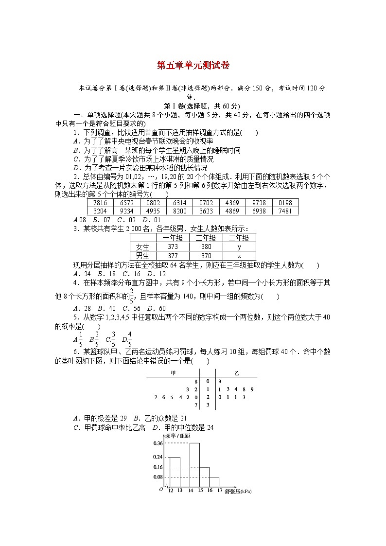 第五章《统计与概率》单元测试卷 人教B版（2019）高中数学必修第二册第1页