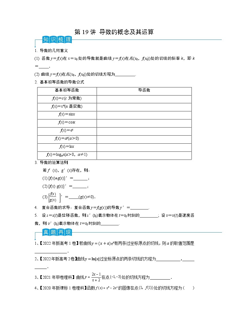 2024年高考数学第一轮复习精品导学案第19讲 导数的概念及其运算（学生版）第1页