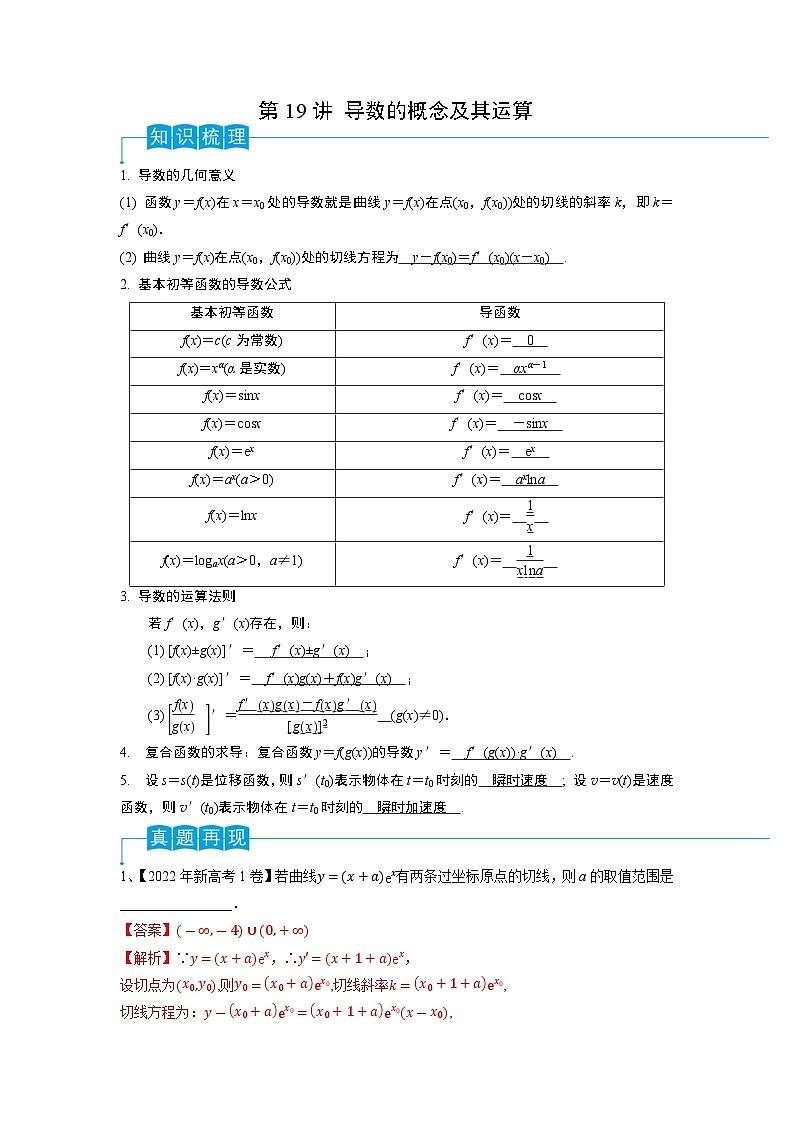 2024年高考数学第一轮复习精品导学案第19讲 导数的概念及其运算（教师版）第1页