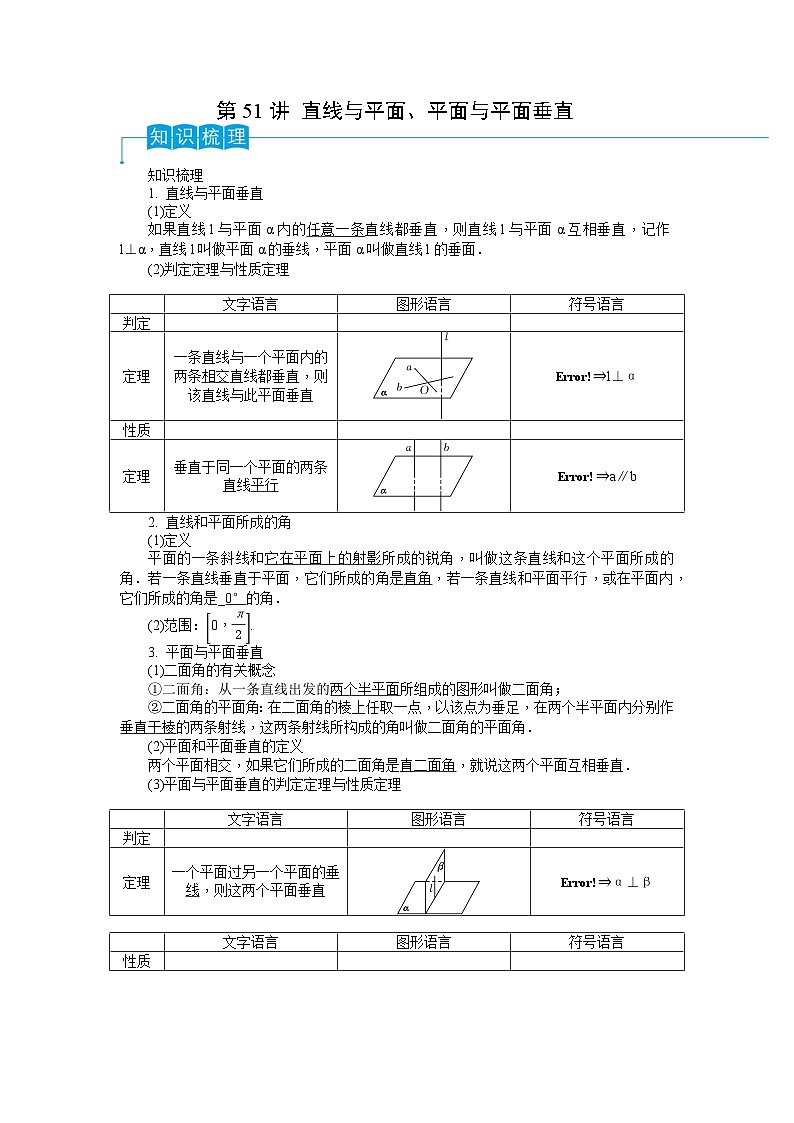 2024年高考数学第一轮复习精品导学案第51讲 直线与平面、平面与平面垂直（学生版）+教师版01