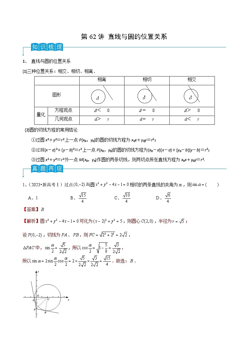 2024年高考数学第一轮复习精品导学案第62讲 直线与圆的位置关系（教师版）第1页