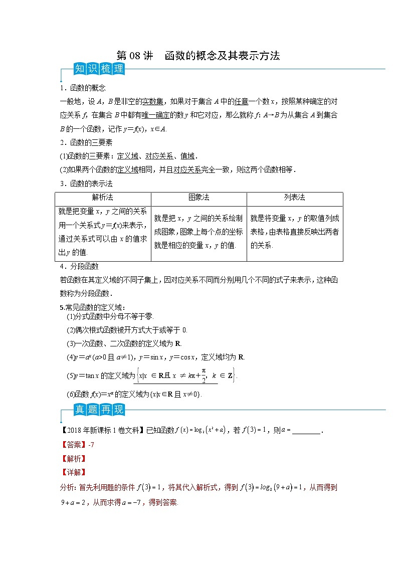 2024年高考数学第一轮复习精品导学案第08讲 函数的概念及其表示方法（教师版）第1页