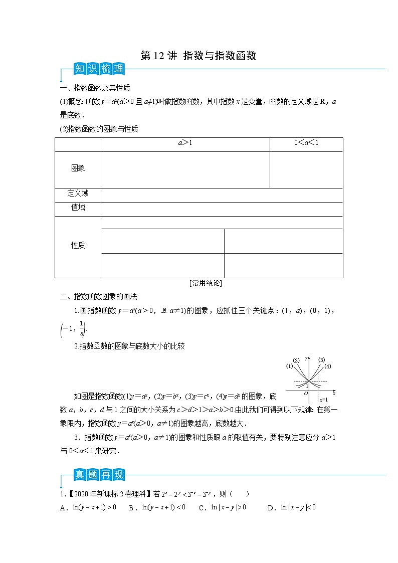 2024年高考数学第一轮复习精品导学案第12讲 指数与指数函数（学生版）第1页