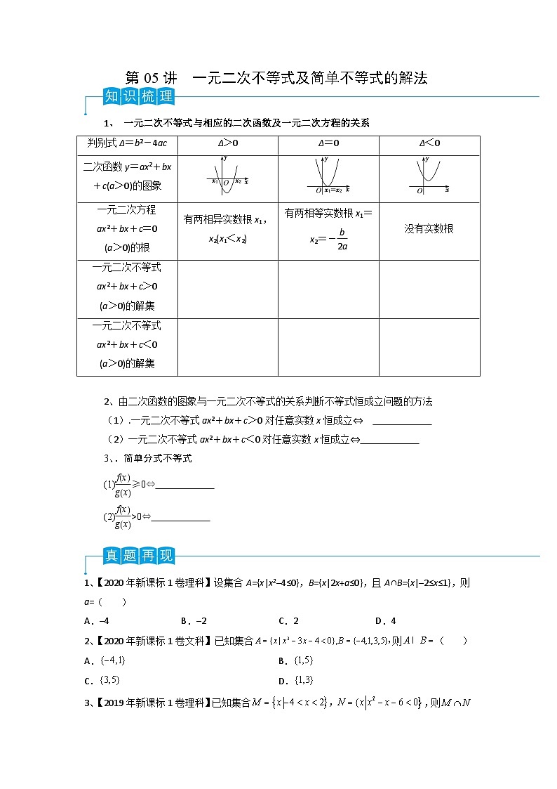 2024年高考数学第一轮复习精品导学案第05讲 一元二次不等式（学生版）第1页