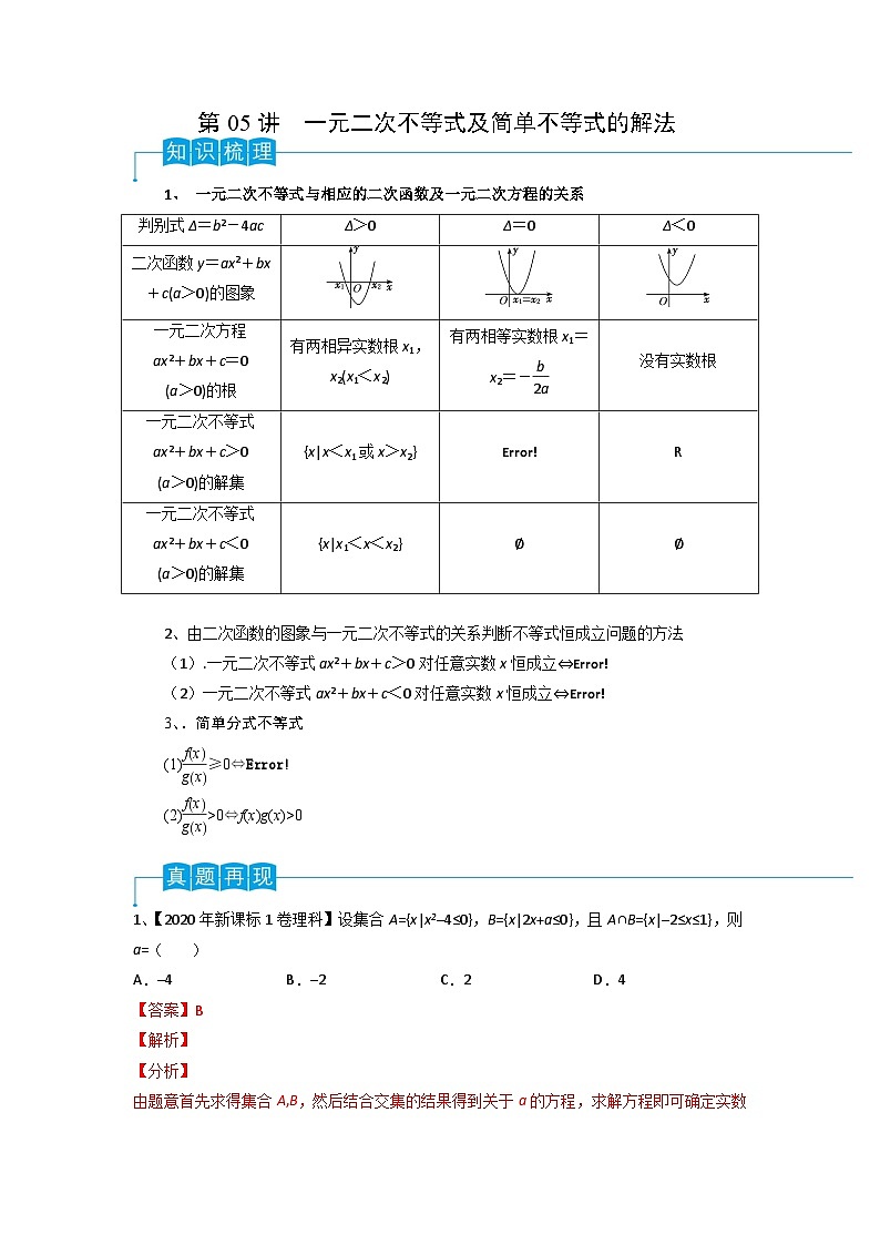 2024年高考数学第一轮复习精品导学案第05讲 一元二次不等式（教师版）第1页