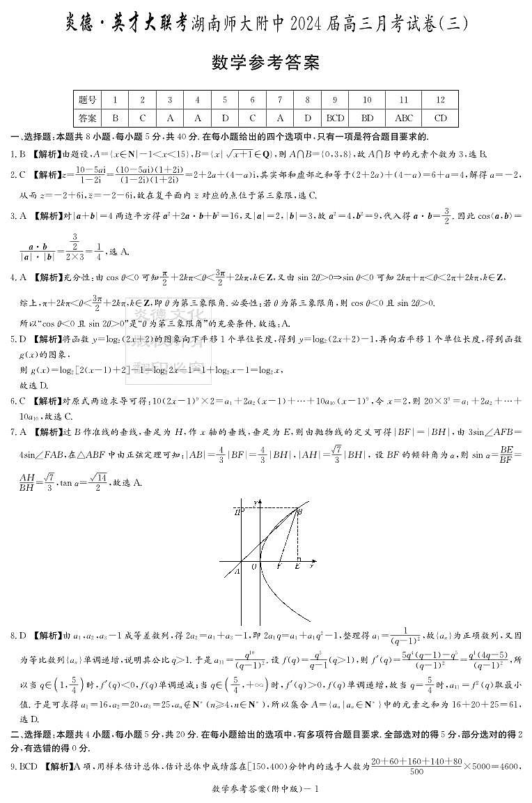 湖南师大附中数学答案（附中3次）第1页