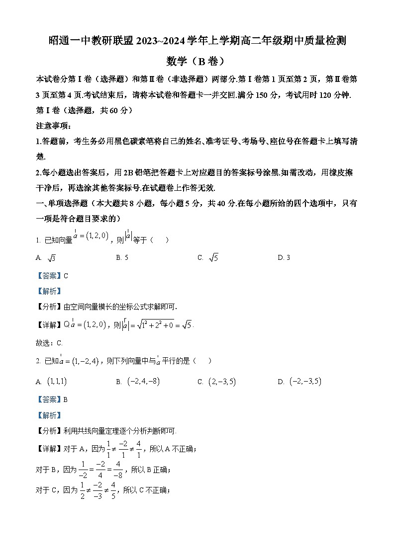 云南省昭通市鲁甸县崇文高级中学、昭通市第一中学2023-2024学年高二上学期期中数学试题（B卷）含解析第1页