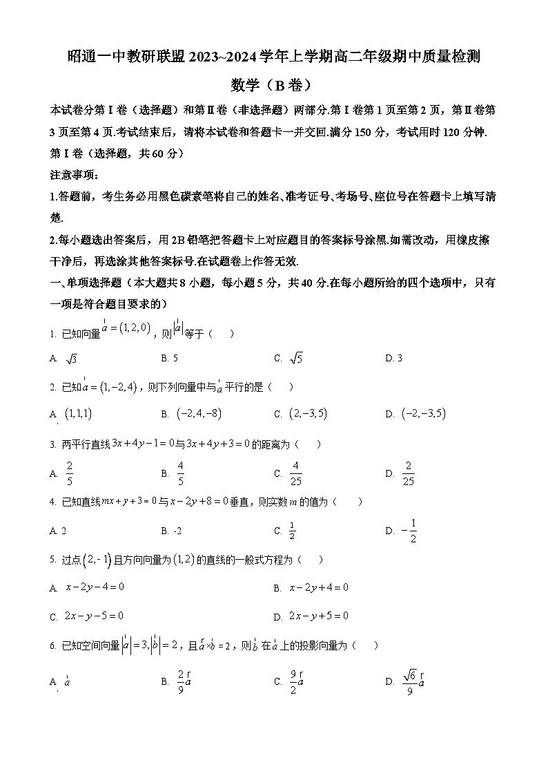云南省昭通市鲁甸县崇文高级中学、昭通市第一中学2023-2024学年高二上学期期中数学试题（B卷）无答案第1页