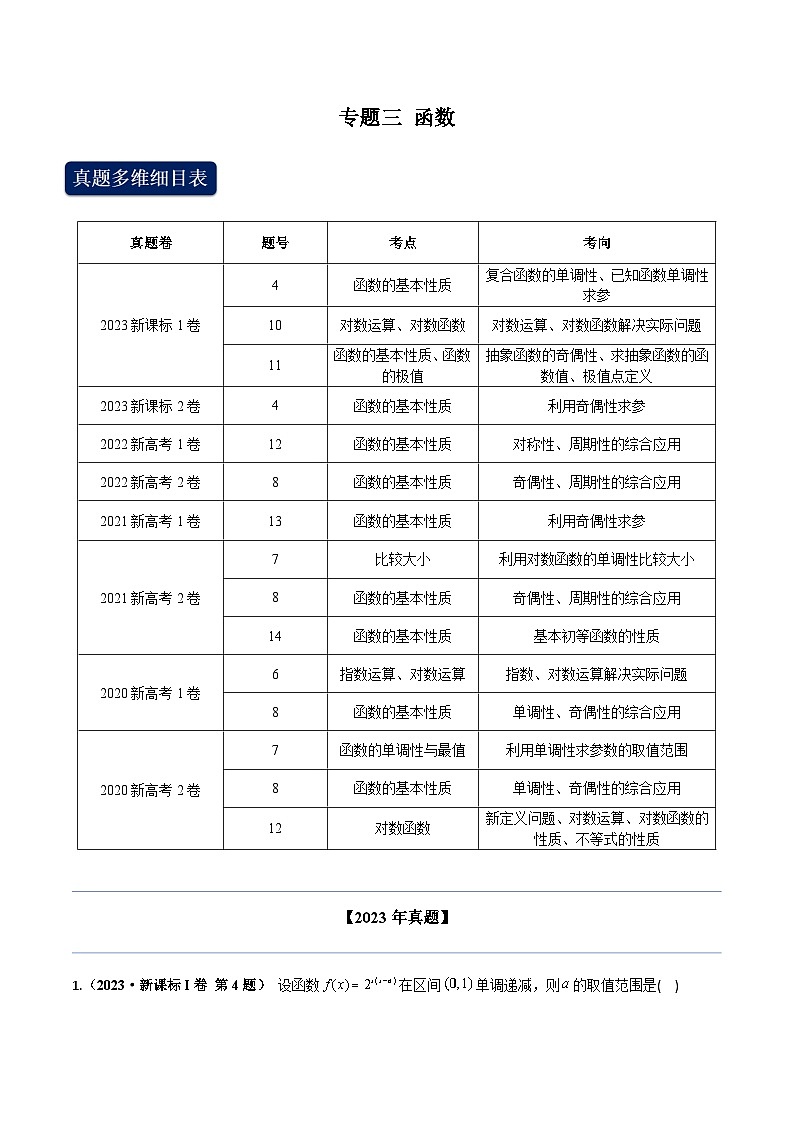 2024年高考数学专题训练专题三 函数（解析）第1页