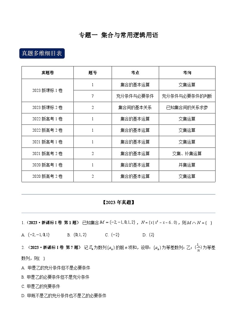 2024年高考数学专题训练专题一 集合与常用逻辑用语（学生版）+解析01