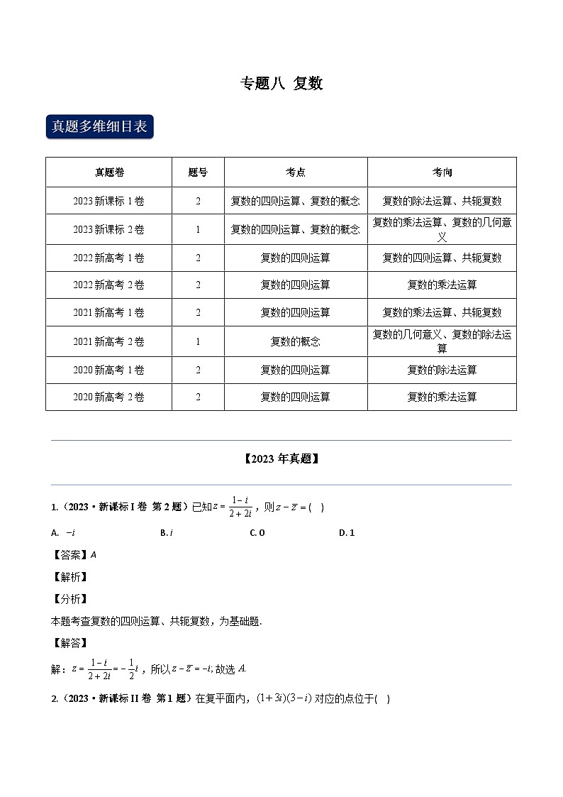 2024年高考数学专题训练专题八 复数（学生版）+解析01