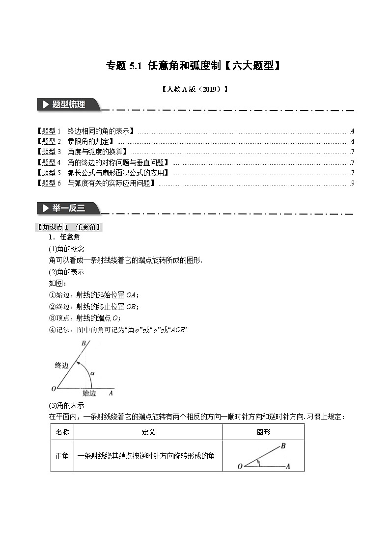 专题5.1 任意角和弧度制（举一反三）（人教A版必修第一册）（原卷版）第1页