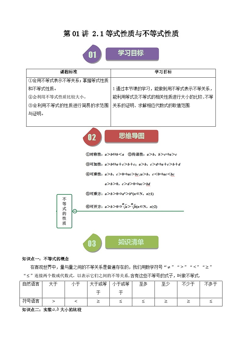 人教版高一数学上学期全册讲义第08讲 2.1等式性质与不等式性质-（人教A版必修一）01