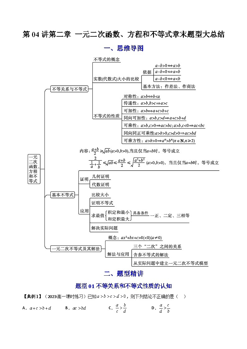 人教版高一数学上学期全册讲义第11讲 第二章 一元二次函数、方程和不等式章末总结-（人教A版必修一）01