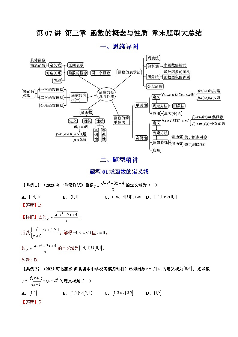 人教版高一数学上学期全册讲义第21讲 第三章 函数的概念与性质章末重点题型大总结-（人教A版必修一）01